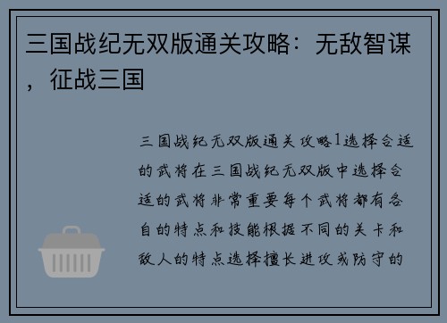 三国战纪无双版通关攻略：无敌智谋，征战三国